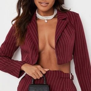 Missguided Wine Pinstripe Crop Blazer